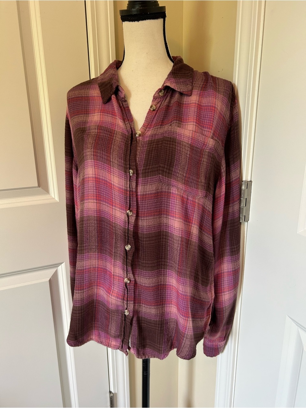 Lucky Brand Pink and Brown Plaid Button-Down flannel over sized Shirt